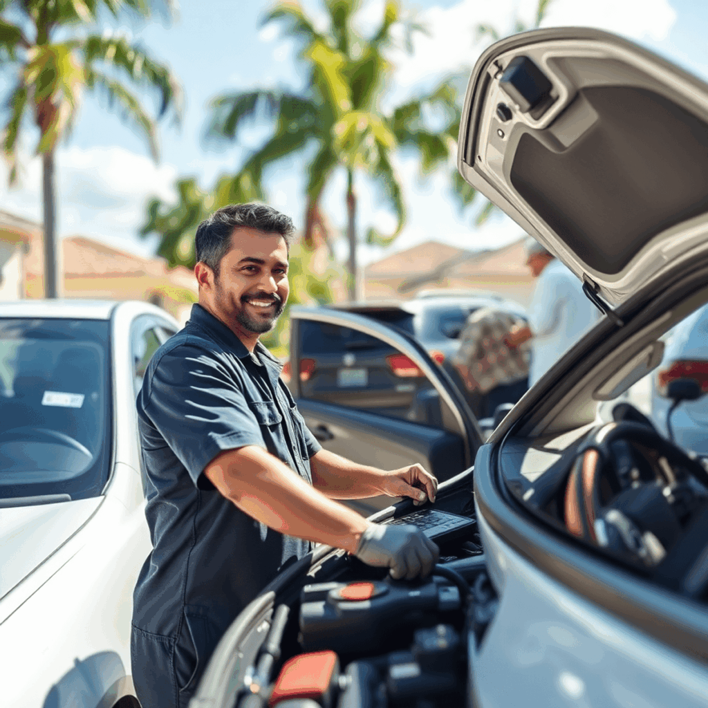 A friendly mobile mechanic working on a car in a sunny Orlando driveway with tools and palm trees in the background.