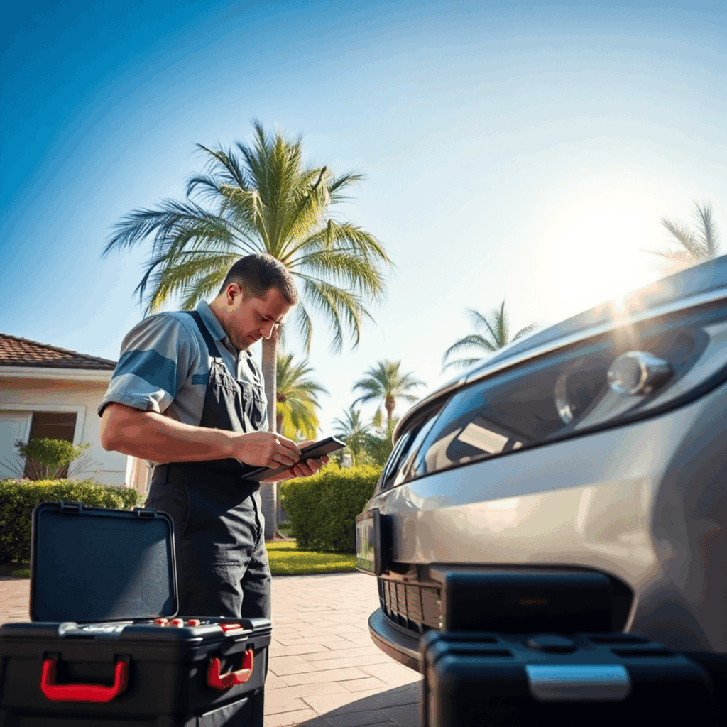 A mechanic repairing a car in a sunny driveway with toolbox and diagnostic tools, palm trees, and clear blue sky in the background.