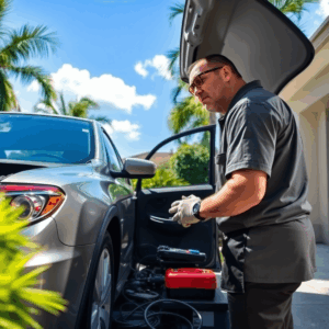 A mechanic working on a car in a sunny driveway with tools, diagnostic equipment, lush greenery, and clear blue skies