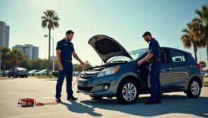 A stranded driver in Orlando standing next to a car with the hood open in a sunny parking lot, while a friendly mobile mechanic in uniform uses professional equipment to jump-start the battery. Include palm trees and cityscape elements in the background to highlight the Orlando location.

